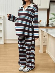 SHEIN Maternity Striped Collared Long Sleeve T-Shirt Pants Casual Elegant Baggy 2 Pieces Set Autumn Fall Formal Photoshoot Home Wear Stripe Brown - Multicolor - View 7