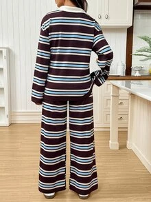 SHEIN Maternity Striped Collared Long Sleeve T-Shirt Pants Casual Elegant Baggy 2 Pieces Set Autumn Fall Formal Photoshoot Home Wear Stripe Brown - Multicolor - View 3