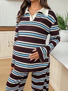 SHEIN Maternity Striped Collared Long Sleeve T-Shirt Pants Casual Elegant Baggy 2 Pieces Set Autumn Fall Formal Photoshoot Home Wear Stripe Brown - Multicolor - View 6