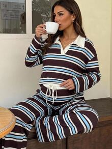 SHEIN Maternity Striped Collared Long Sleeve T-Shirt Pants Casual Elegant Baggy 2 Pieces Set Autumn Fall Formal Photoshoot Home Wear Stripe Brown - Multicolor - View 1