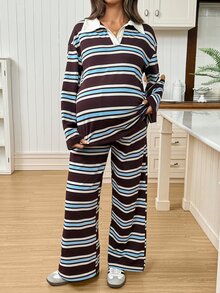 SHEIN Maternity Striped Collared Long Sleeve T-Shirt Pants Casual Elegant Baggy 2 Pieces Set Autumn Fall Formal Photoshoot Home Wear Stripe Brown - Multicolor - View 4