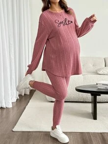 SHEIN Maternity Letter Embroidery Top And Leggings 2 Pieces Set Fall - Pink - View 1