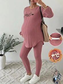 SHEIN Maternity Letter Embroidery Top And Leggings 2 Pieces Set Fall - Pink - View 3