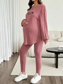 SHEIN Maternity Letter Embroidery Top And Leggings 2 Pieces Set Fall - Pink - View 7