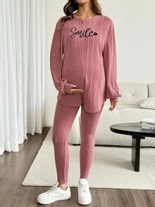 SHEIN Maternity Letter Embroidery Top And Leggings 2 Pieces Set Fall - Pink - View 4