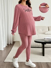SHEIN Maternity Letter Embroidery Top And Leggings 2 Pieces Set Fall - Pink - View 5