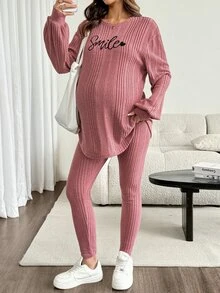 SHEIN Maternity Letter Embroidery Top And Leggings 2 Pieces Set Fall - Pink - View 6