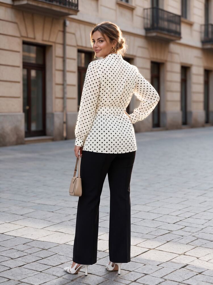 Chikora Plus Size French Polka Dot Print Pleated Long Sleeve Blouse Autumn Office Formal All White Elegant - Multicolor - View 2