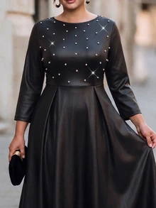 Chikora Plus Size Elegant Formal Elegant Beaded Decor Dress For Date Dinner Formal Autumn Black - Black - View 4