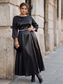 Chikora Plus Size Elegant Formal Elegant Beaded Decor Dress For Date Dinner Formal Autumn Black - Black - View 5