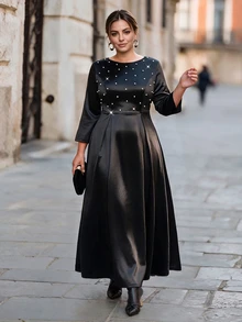 Chikora Plus Size Elegant Formal Elegant Beaded Decor Dress For Date Dinner Formal Autumn Black - Black - View 3