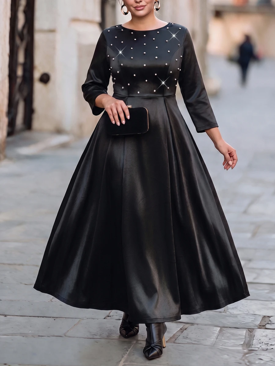 Chikora Plus Size Elegant Formal Elegant Beaded Decor Dress For Date Dinner Formal Autumn Black - Black - View 1