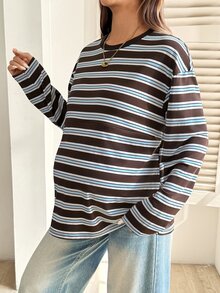 SHEIN Áo thun cho con bú kẻ sọc cho bà bầu, mặc thường ngày mùa thu - màu nâu - Xem 3
