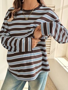 SHEIN Áo thun cho con bú kẻ sọc cho bà bầu, mặc thường ngày mùa thu - màu nâu - Xem 1