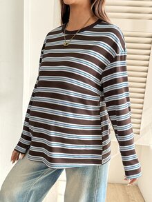 SHEIN Áo thun cho con bú kẻ sọc cho bà bầu, mặc thường ngày mùa thu - màu nâu - Xem 5