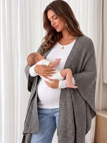 Lyckli Maternity Button-Front Fashionable Comfortable Shawl-Style Cardigan Fall Babyshower Formal Grey Casual Chic Elegant Baggy Photoshoot - Grey - View 1