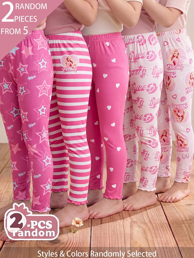 SHEIN 5pcs Randomly Sent 2pcs Spring Summer All Season Girls Polka Dot Heart Leopard Print Sweet Cute Versatile Soft Comfortable Ribbed Ribbed Knit Leggings Multi-Piece Set - Multicolor - View 1