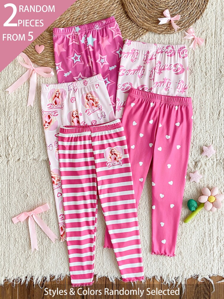 SHEIN 5pcs Randomly Sent 2pcs Spring Summer All Season Girls Polka Dot Heart Leopard Print Sweet Cute Versatile Soft Comfortable Ribbed Ribbed Knit Leggings Multi-Piece Set - Multicolor - View 7