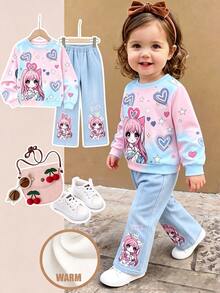 2pcs/Set Baby Girl Color-Changing Cartoon Print Sweatshirt Wide Leg Pants Outfit, Cute Fleece Lined Crew Neck Top Light Pink Light Blue Autumn - Multicolor - View 1
