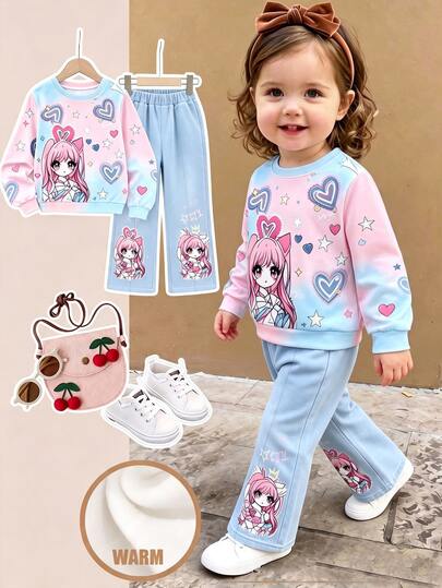 Set 2 piese pentru fetiță bebeluș, hanorac cu imprimeu desen animat care își schimbă culoarea și pantaloni cu picior larg, top drăguț cu guler rotund, căptușit cu fleece, roz deschis și albastru deschis, pentru toamnă