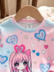 2pcs/Set Baby Girl Color-Changing Cartoon Print Sweatshirt Wide Leg Pants Outfit, Cute Fleece Lined Crew Neck Top Light Pink Light Blue Autumn - Multicolor - View 5