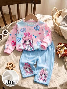 2pcs/Set Baby Girl Color-Changing Cartoon Print Sweatshirt Wide Leg Pants Outfit, Cute Fleece Lined Crew Neck Top Light Pink Light Blue Autumn - Multicolor - View 3
