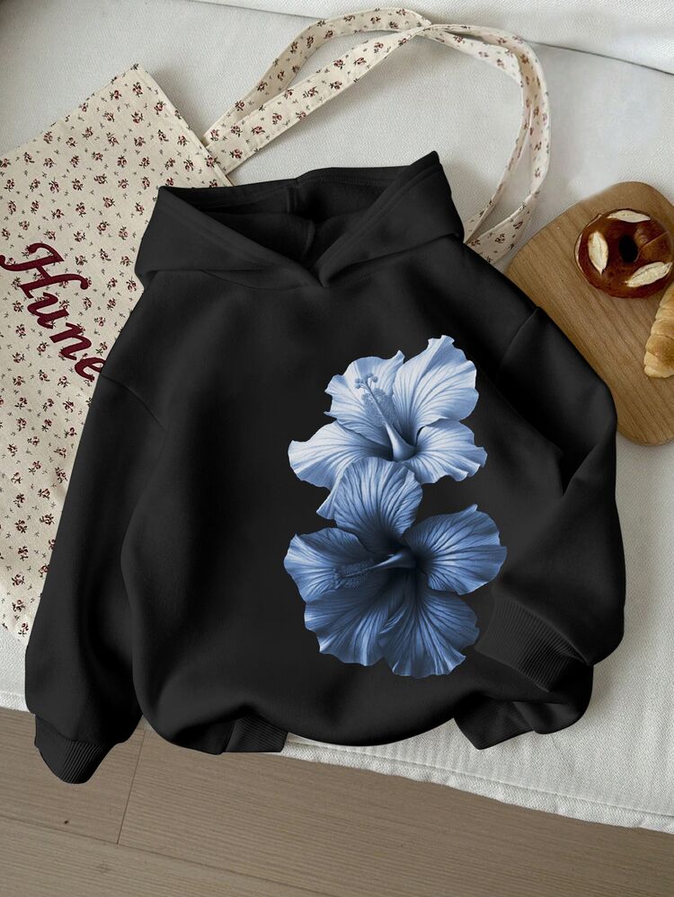 Teen Girl Floral Print Casual Streetwear Sweatshirt, Loose Fit Top, Suitable For Autumn Wear Party - Black - View 1