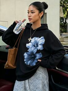 Teen Girl Floral Print Casual Streetwear Sweatshirt, Loose Fit Top, Suitable For Autumn Wear Party - Black - View 3