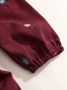 SHEIN 女童燈芯絨花卉刺繡可愛領長袖洋裝，適合春秋/冬季，刺繡花卉洋裝 - 酒紅色 - 查看 8