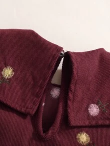 SHEIN 女童燈芯絨花卉刺繡可愛領長袖洋裝，適合春秋/冬季，刺繡花卉洋裝 - 酒紅色 - 查看 7