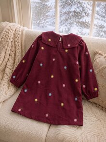 SHEIN 女童燈芯絨花卉刺繡可愛領長袖洋裝，適合春秋/冬季，刺繡花卉洋裝 - 酒紅色 - 查看 2