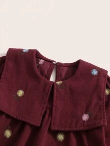 SHEIN 女童燈芯絨花卉刺繡可愛領長袖洋裝，適合春秋/冬季，刺繡花卉洋裝 - 酒紅色 - 查看 6