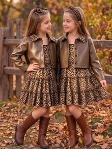 SHEIN Setelan Keluarga Serasi 2 Potong untuk Anak Perempuan, Jaket Blazer Kulit PU Cokelat Kopi Elegan dengan Kerah Berlekuk - Coklat - View 3