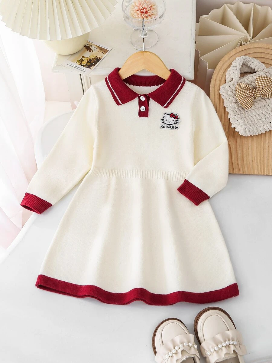 HELLO KITTY AND FRIENDS | SHEIN GraphicGems 女童針織毛衣洋裝，刺繡拼接配色，可愛甜美淑女風，休閒簡約日常百搭，舒適柔軟，適合日常出遊、戶外、上學、玩耍、野餐、旅行 - 彩色 - 查看 1