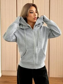 SHEIN EZwear Fall/Winte Zip Up Sweatshirt Women's Casual Grey Hooded Sweatshirt, Autumn/Winter Everyday Hiking Going Out - Light Grey - View 6