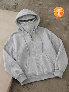 SHEIN EZwear Fall/Winte Zip Up Sweatshirt Women's Casual Grey Hooded Sweatshirt, Autumn/Winter Everyday Hiking Going Out - Light Grey - View 12