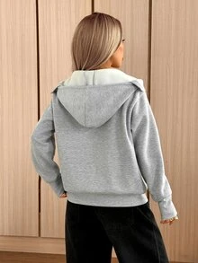 SHEIN EZwear Fall/Winte Zip Up Sweatshirt Women's Casual Grey Hooded Sweatshirt, Autumn/Winter Everyday Hiking Going Out - Light Grey - View 4
