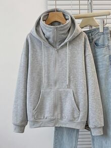 SHEIN EZwear Fall/Winte Zip Up Sweatshirt Women's Casual Grey Hooded Sweatshirt, Autumn/Winter Everyday Hiking Going Out - Light Grey - View 11