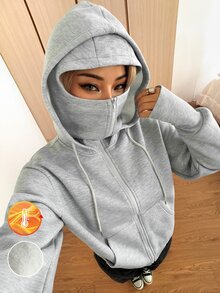 SHEIN EZwear Fall/Winte Zip Up Sweatshirt Women's Casual Grey Hooded Sweatshirt, Autumn/Winter Everyday Hiking Going Out - Light Grey - View 10