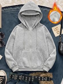 SHEIN EZwear Fall/Winte Zip Up Sweatshirt Women's Casual Grey Hooded Sweatshirt, Autumn/Winter Everyday Hiking Going Out - Light Grey - View 3