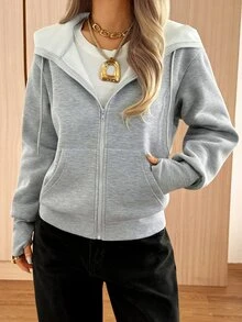 SHEIN EZwear Fall/Winte Zip Up Sweatshirt Women's Casual Grey Hooded Sweatshirt, Autumn/Winter Everyday Hiking Going Out - Light Grey - View 5
