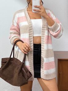 Lounesse Cardigan Rajut Kasual Lengan Panjang Bergaris Model Bahu Longgar untuk Wanita Ukuran Plus Musim Dingin - MultiWarna - View 11