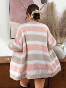 Lounesse Cardigan Rajut Kasual Lengan Panjang Bergaris Model Bahu Longgar untuk Wanita Ukuran Plus Musim Dingin - MultiWarna - View 10