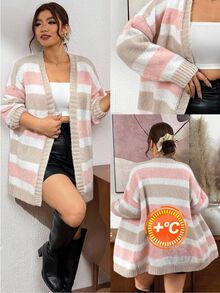 Lounesse Cardigan Rajut Kasual Lengan Panjang Bergaris Model Bahu Longgar untuk Wanita Ukuran Plus Musim Dingin - MultiWarna - View 8