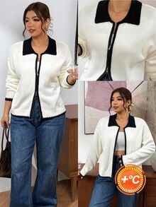 Lounesse 大尺碼女款拼色拉鍊開襟衫 休閒優雅百搭 日常穿著 辦公正式 黑白配色 秋冬款 - 白色 - 查看 8