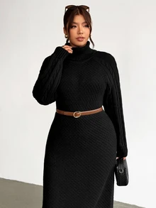Firerie Vintage Casual Elegant Chunky Cable Knit High Neck Plus Size Loose Slimming Long Sleeve Maxi Sweater Dress Formal Office Black Dress Women Fall/Winter - Black - View 7