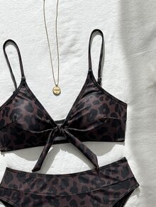 SHEIN Swim 女款夏季棕色豹紋細肩帶性感熱帶比基尼泳衣兩件套，海灘派對度假泳裝 - 彩色 - 查看 5