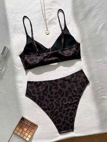 SHEIN Swim 女款夏季棕色豹紋細肩帶性感熱帶比基尼泳衣兩件套，海灘派對度假泳裝 - 彩色 - 查看 2