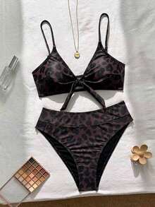 SHEIN Swim 女款夏季棕色豹紋細肩帶性感熱帶比基尼泳衣兩件套，海灘派對度假泳裝 - 彩色 - 查看 4
