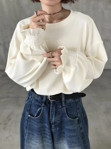 FRIFUL Women's Solid Color Round Neck Drop Shoulder Long Sleeve Casual T-Shirt - Apricot - View 7